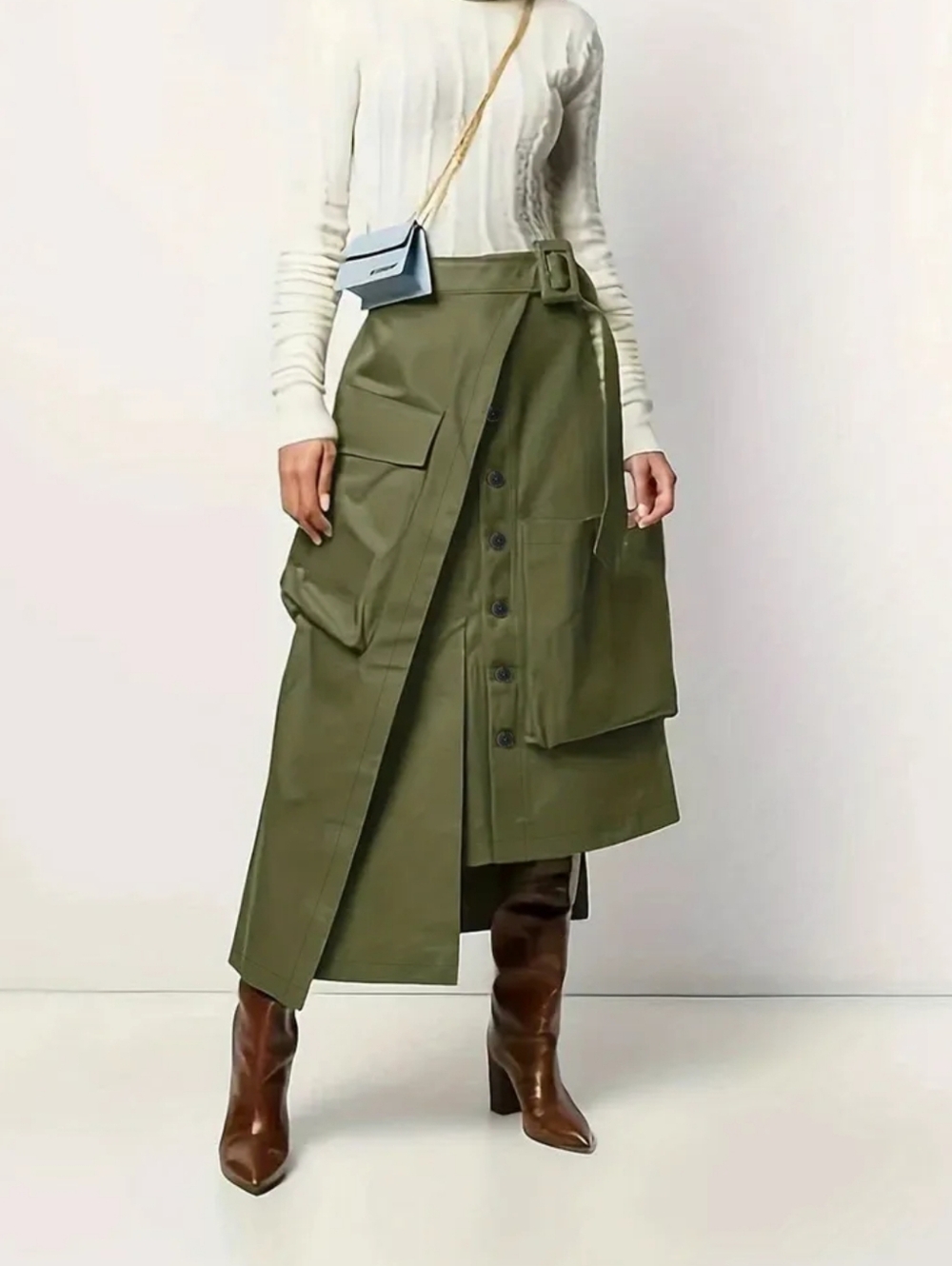 Olive Green Utility Midi Skirt with Cargo Pockets - Picture 3 of 5